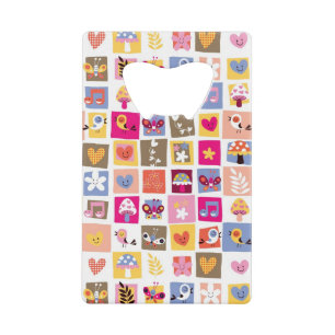 cute flowers, birds, hearts squares pattern