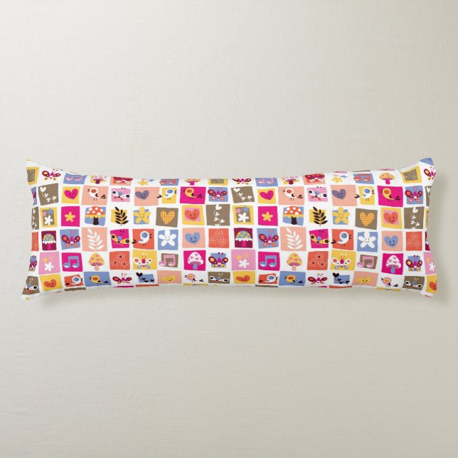 cute flowers, birds, hearts squares pattern body cushion (Front)