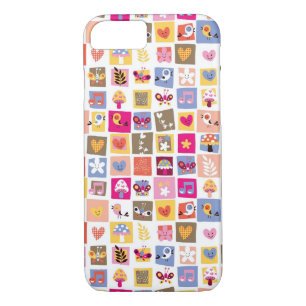 cute flowers, birds, hearts squares pattern iPhone 8/7 case