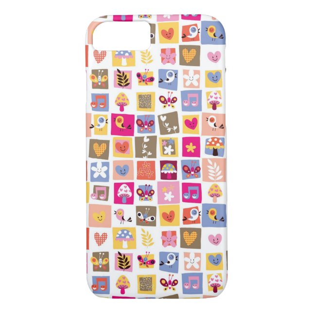 cute flowers, birds, hearts squares pattern Case-Mate iPhone case (Back)