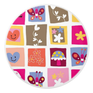 cute flowers, birds, hearts squares pattern ceramic knob