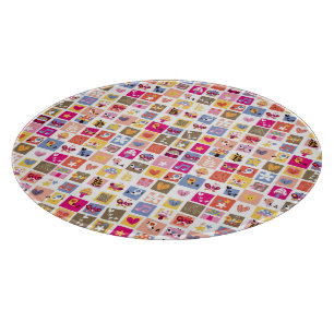 cute flowers, birds, hearts squares pattern cutting board