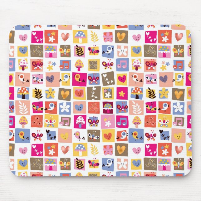 cute flowers, birds, hearts squares pattern mouse mat (Front)
