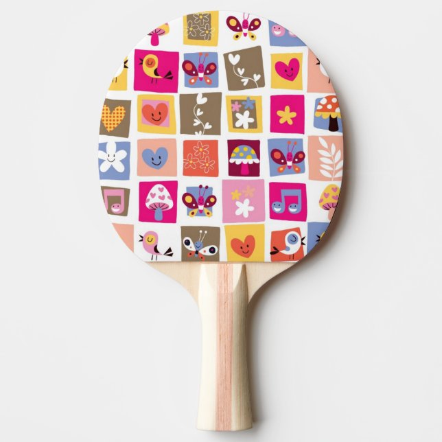cute flowers, birds, hearts squares pattern ping pong paddle (Front)