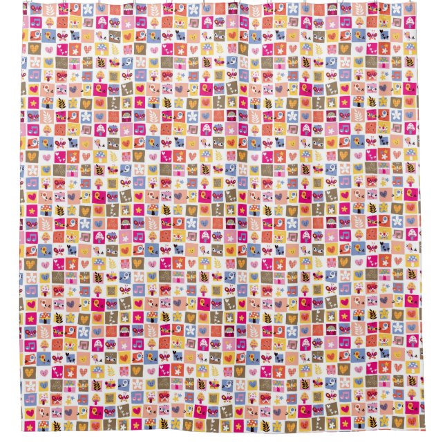 cute flowers, birds, hearts squares pattern shower curtain (Front)