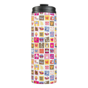 cute flowers, birds, hearts squares pattern thermal tumbler