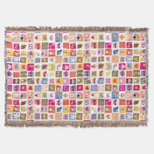 cute flowers, birds, hearts squares pattern throw blanket