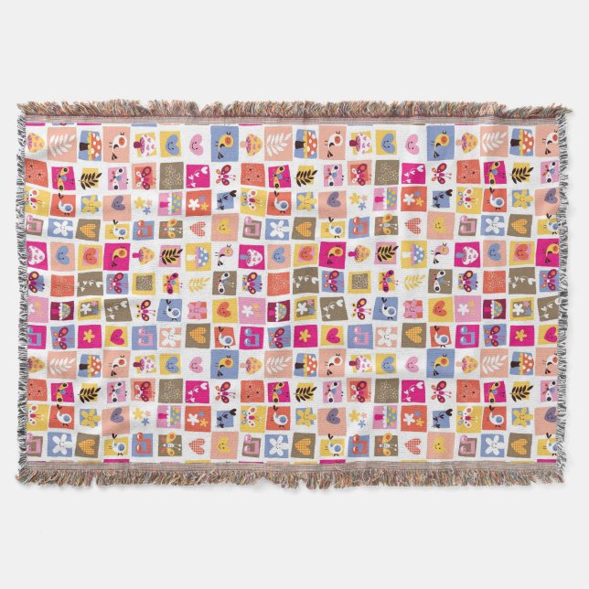 cute flowers, birds, hearts squares pattern throw blanket (Front)