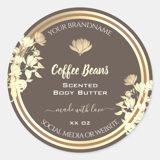 Cute Flowers Brown Gold Product Packaging Labels (Front)