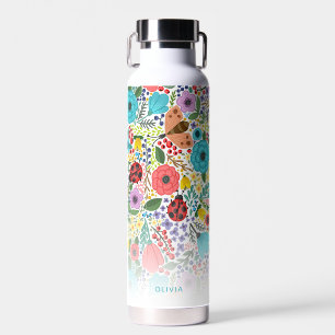 Cute Flowers Butterflies, Custom Name Monogram Water Bottle