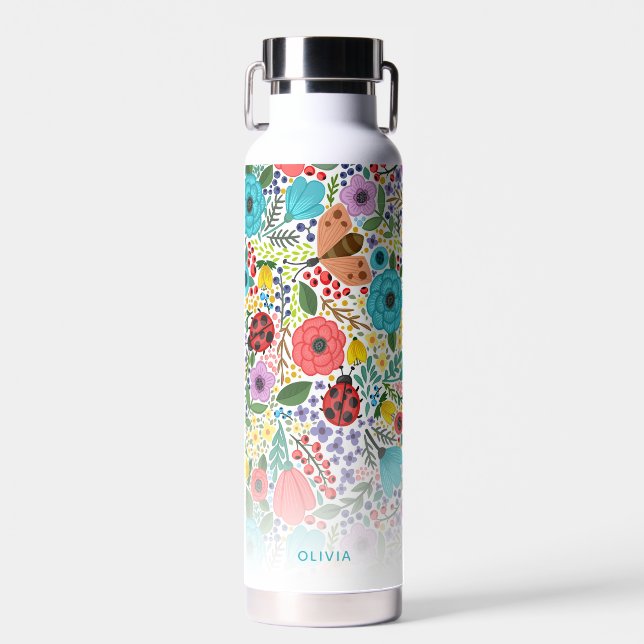 Cute Flowers Butterflies, Custom Name Monogram Water Bottle (Front)