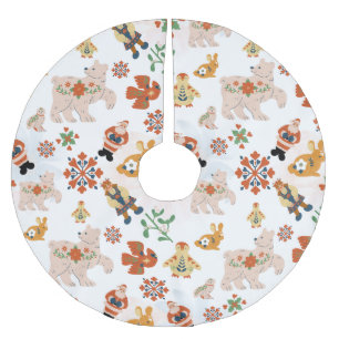 Cute Flowers Christmas Pattern with Santa Brushed Polyester Tree Skirt