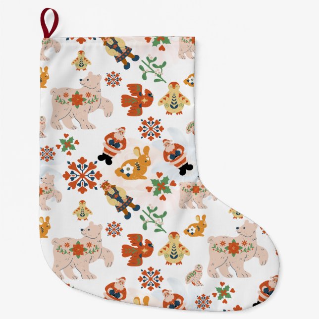 Cute Flowers Christmas Pattern with Santa Large Christmas Stocking (Front)