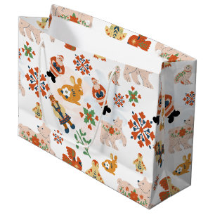 Cute Flowers Christmas Pattern with Santa Large Gift Bag