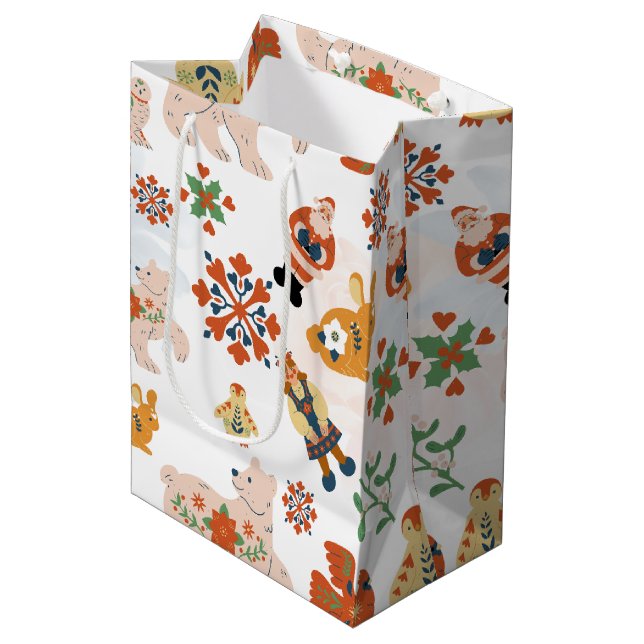 Cute Flowers Christmas Pattern with Santa Medium Gift Bag (Front Angled)