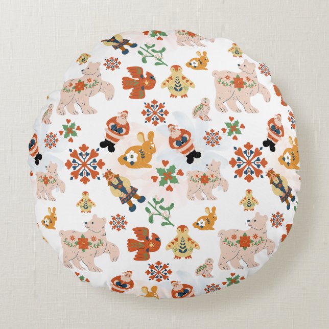Cute Flowers Christmas Pattern with Santa Round Cushion (Front)