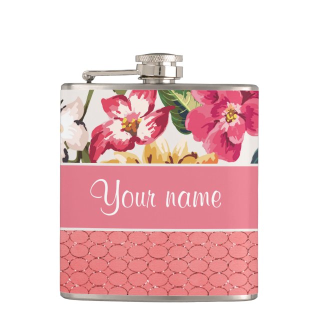 Cute Flowers Faux Pink Glitter Circles Hip Flask (Front)