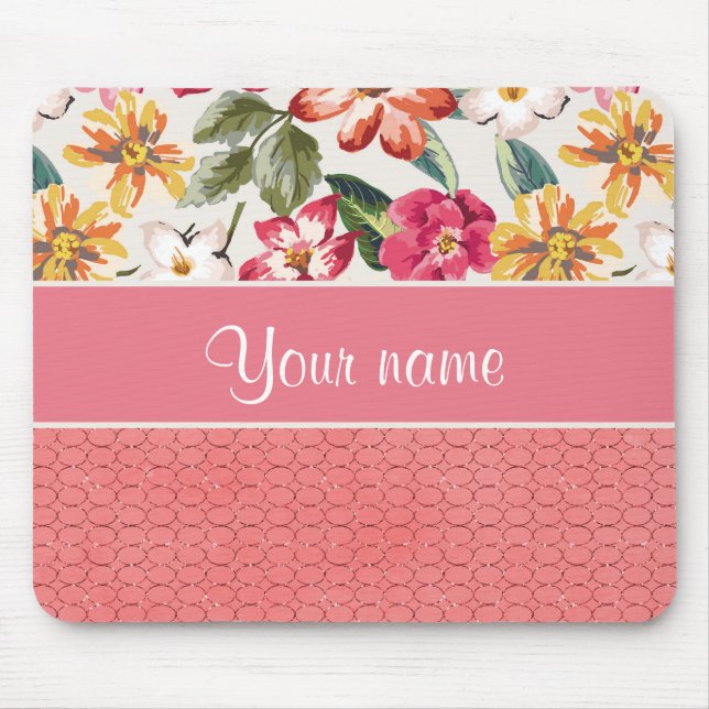 Cute Flowers Faux Pink Glitter Circles Mouse Mat (Front)