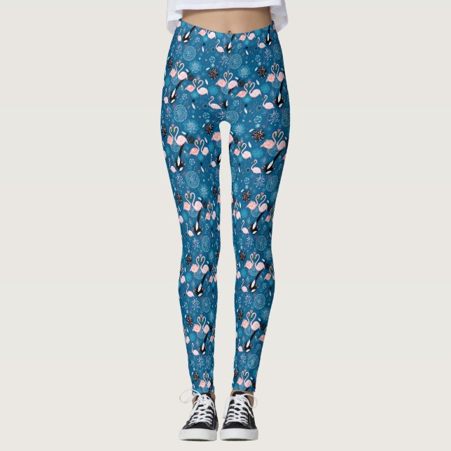 Cute flowers flamingos pattern leggings (Front)