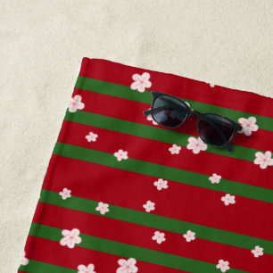 Cute Flowers Floral on Solid Green Red Christmas B Beach Towel