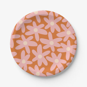 Cute Flowers Floral Pattern in Orange and Pink Paper Plate