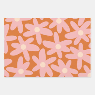 Cute Flowers Floral Pattern in Orange and Pink Wrapping Paper Sheet