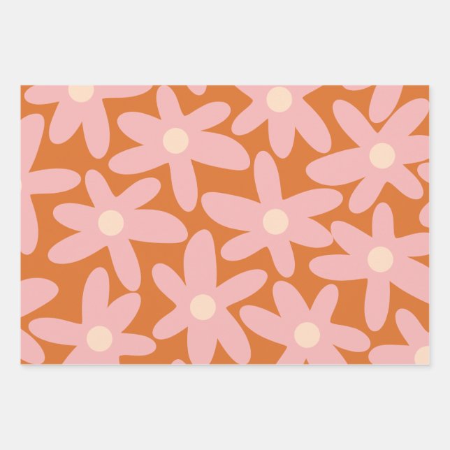 Cute Flowers Floral Pattern in Orange and Pink Wrapping Paper Sheet (Front)