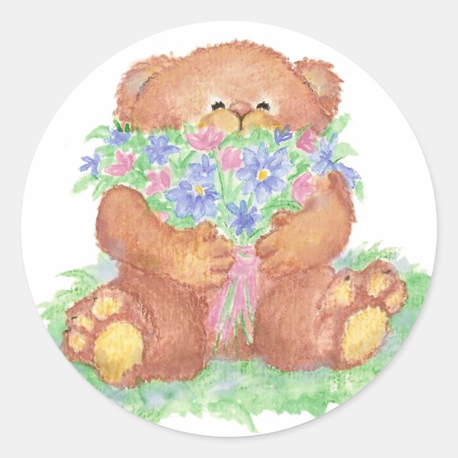 Cute Flowers for You Teddy Bear Classic Round Sticker (Front)