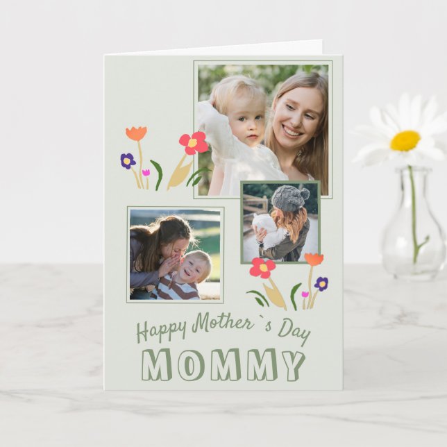 Cute Flowers Happy Mother`s Day 3 Photo Card (Small Plant)