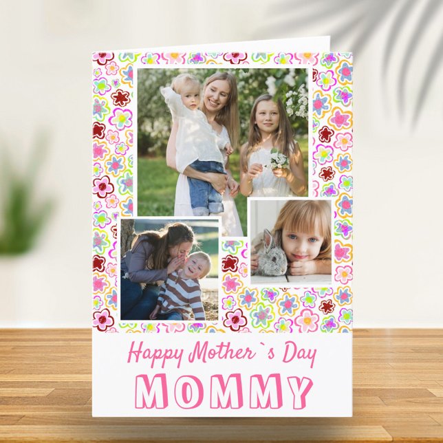 Cute Flowers Happy Mother`s Day 3 Photo  Card (Creator Uploaded)