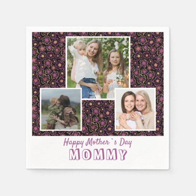 Cute Flowers Happy Mother`s Day 3 Photo  Napkin (Front)