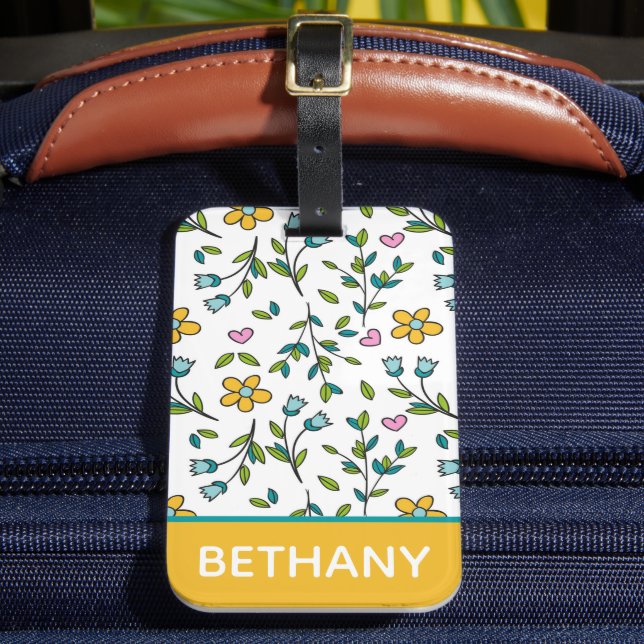 Cute Flowers Hearts Light Pattern Personalised Luggage Tag (Front Insitu 2)