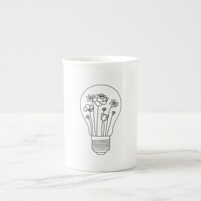 Cute Flowers in Light Bulb Line Design Bone China Mug (Front)