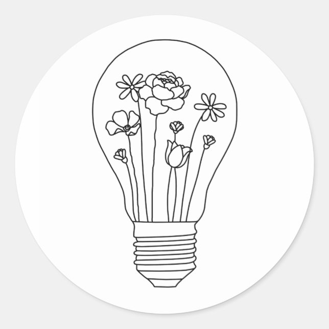 Cute Flowers in Light Bulb Line Design Classic Round Sticker (Front)