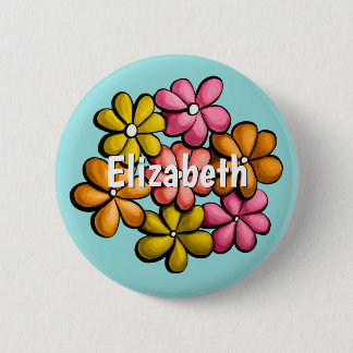 Cute Flowers Kids Colourful Ink Drawing Name 6 Cm Round Badge