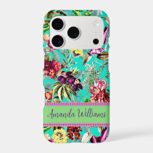 Cute flowers leaves aqua mint monogram pattern