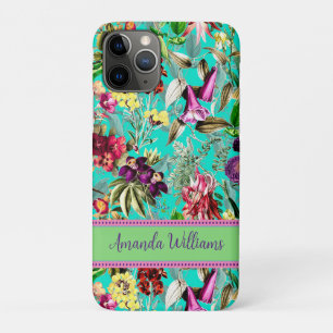 Cute flowers leaves aqua mint monogram pattern iPhone 11 pro case