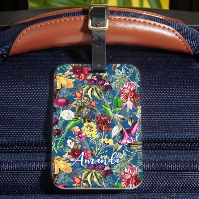 Cute flowers leaves blue monogram pattern luggage tag (Front Insitu 2)