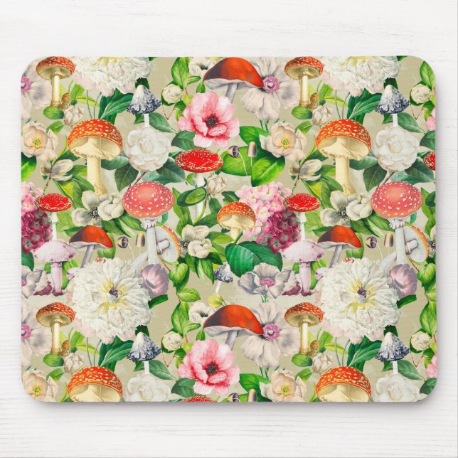 Cute flowers mushroom fungi beige garden  mouse mat (Front)