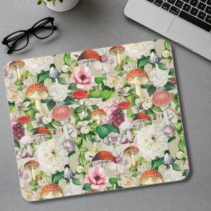Cute flowers mushroom fungi beige garden  mouse mat