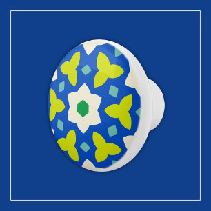 Cute Flowers on Blue and Green Geometric Floral Ceramic Knob