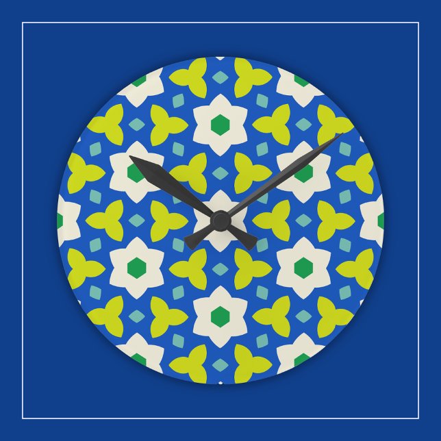 Cute Flowers on Blue and Green Geometric Floral Round Clock (Creator Uploaded)