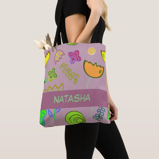 Cute flowers on purple tote bag (Close Up)