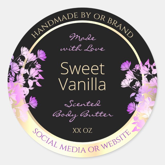 Cute Flowers Product Packaging Labels Black & Gold (Front)