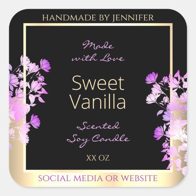 Cute Flowers Product Packaging Labels Black & Gold (Front)