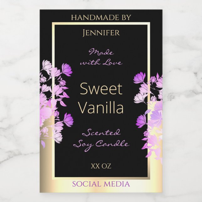 Cute Flowers Product Packaging Labels Black & Gold (Single Label)