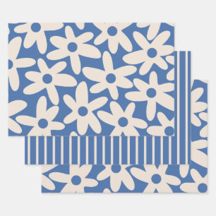 Cute Flowers & Stripes Simple Modern Patterns Blue Wrapping Paper Sheet