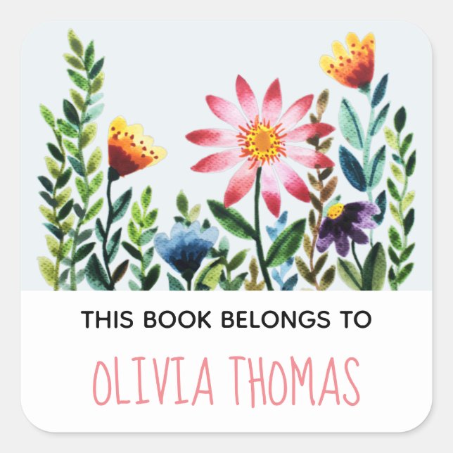 Cute Flowers 'This Book Belongs' Kids Bookplate Square Sticker (Front)