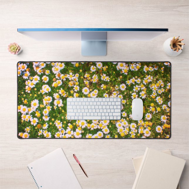 Cute Flowers White Green Daisy Girly Pretty Nature Desk Mat (Office 1)