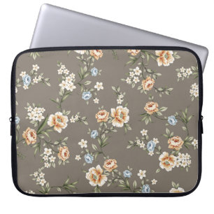 cute flowers with leaves pattern on grey backgroun laptop sleeve